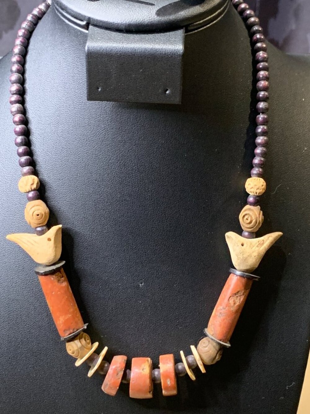 Vintage Handmade Tribal-Inspired Necklace Bird Wood Beads Barrel Closure